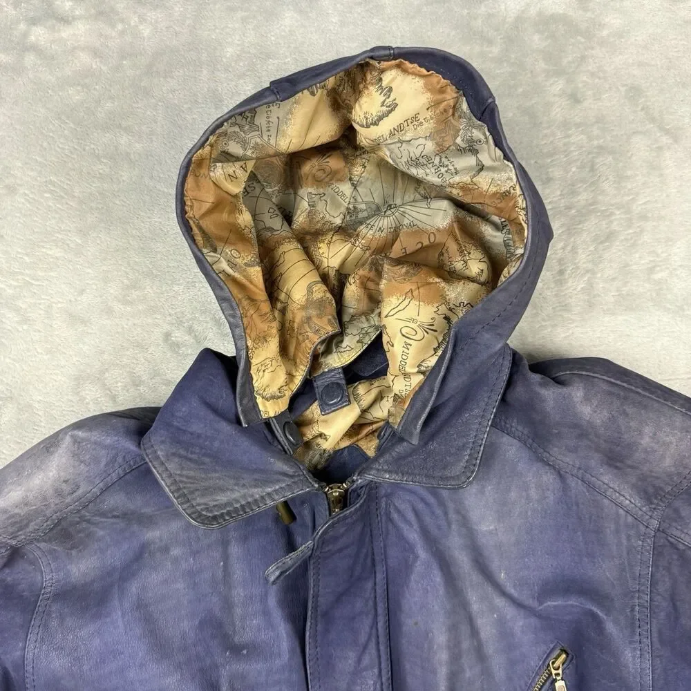 Vintage Creaciones 1000TON Blue Leather Hooded Jacket Coat Map Lined
